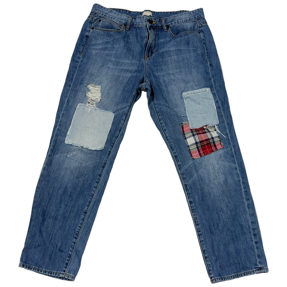 J.Crew Distressed Patchwork Boyfriend Jeans Plaid Detail Size 30 Crop Ankle
